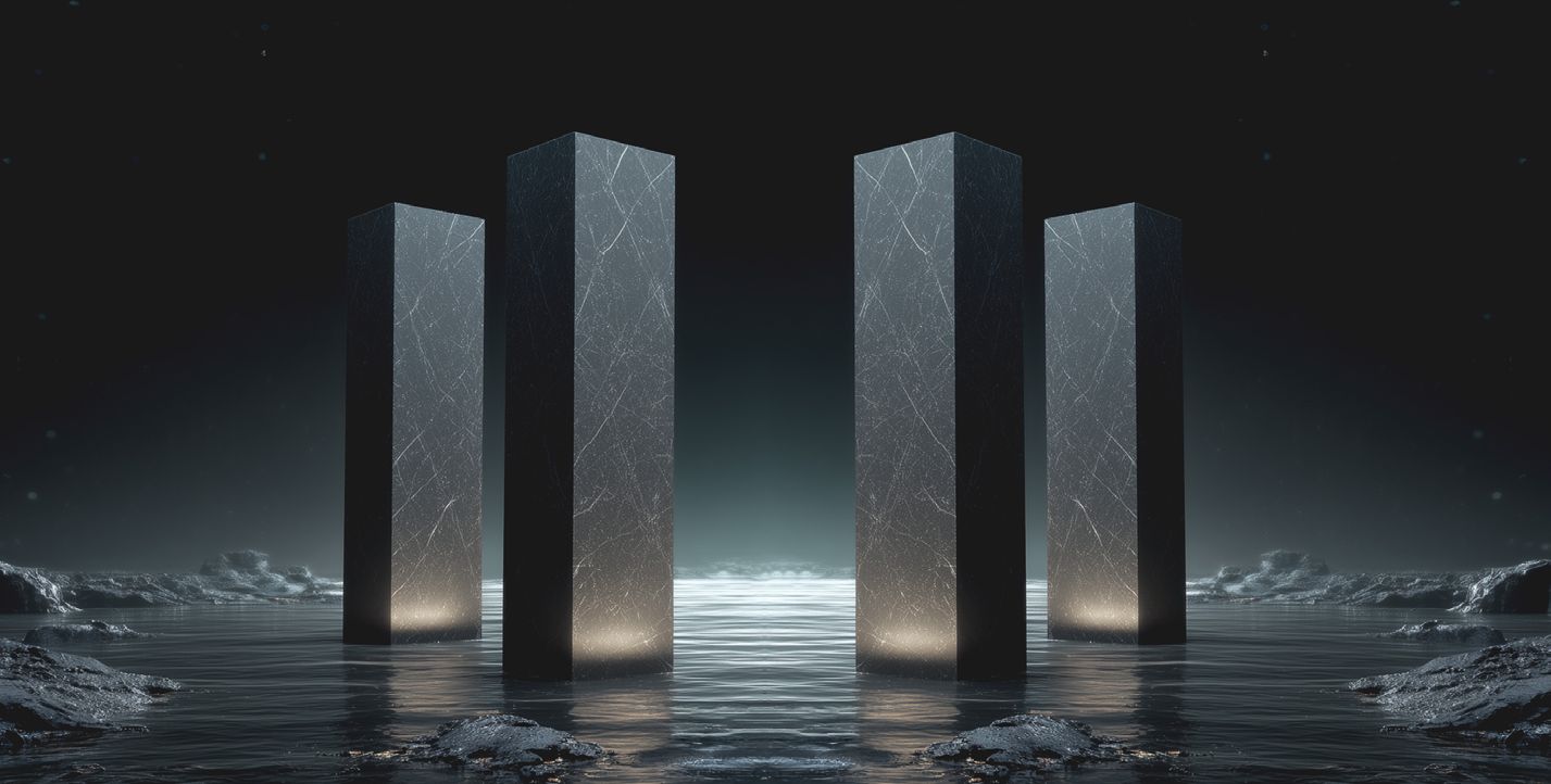 Four monoliths rising from dark water